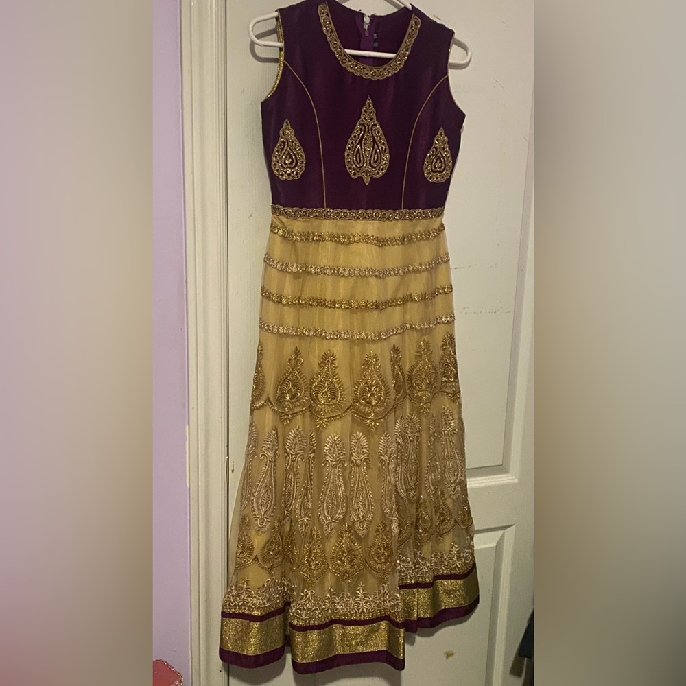 Plum and Gold Anarkali Indian dress
